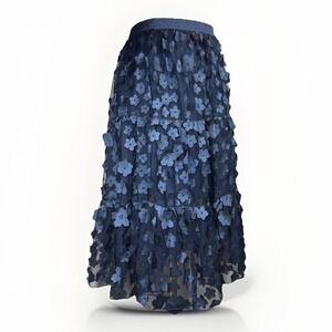 NWT Eva Franco Anthropologie Buttercup Skirt Blue 3D Floral Tiered 8 Made in USA